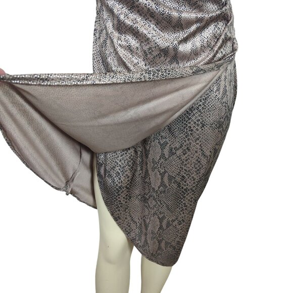 Vintage Steppin Out Metallic Snake Print Ruched Midi Dress Flutter Cap Sleeves M - Picture 3 of 16